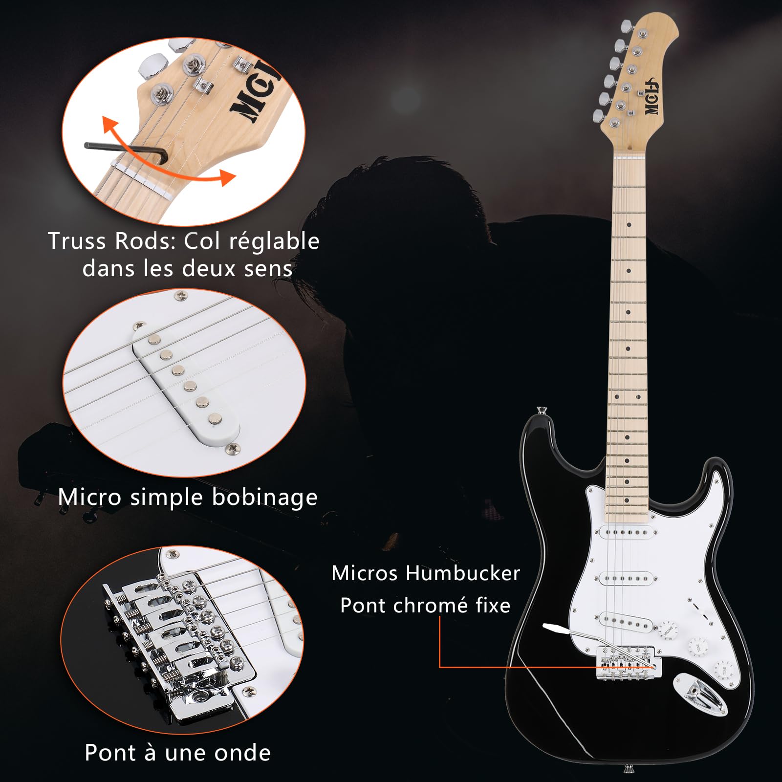 LEADZM E Gitarre Set, 39 Zoll Electric Guitar mit 20W Lautsprecher, Inklusive Gitarrentasche, Plektrum, Gurt, Verbindungskabel, Geeignet für Anfänger (Schwarz)