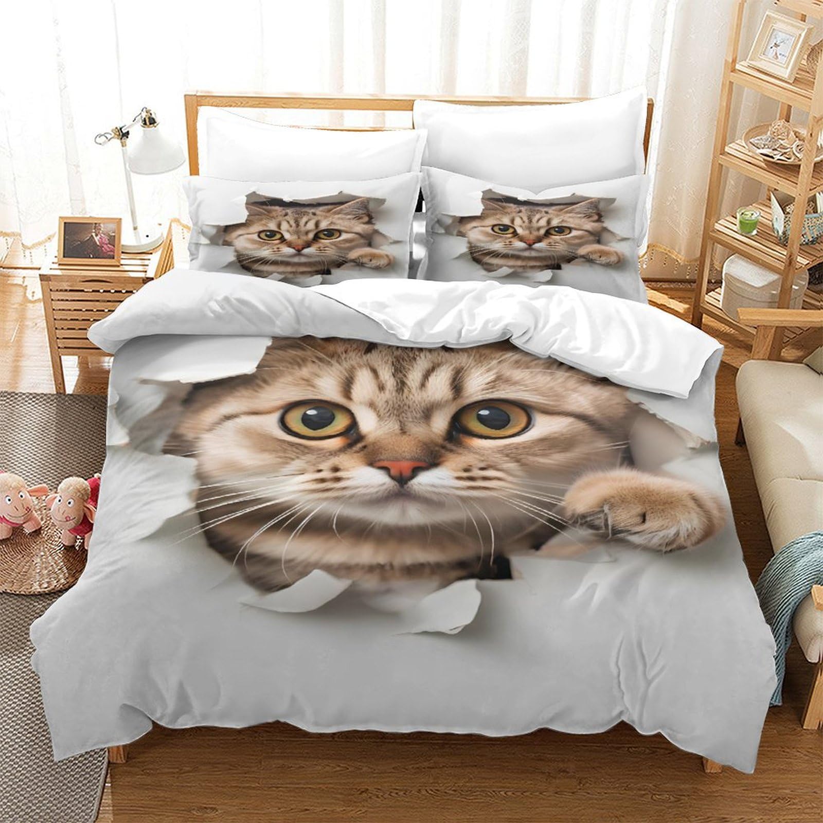 Housse de couette chat 3D 260x220cm avec parure de lit kawaii super roi