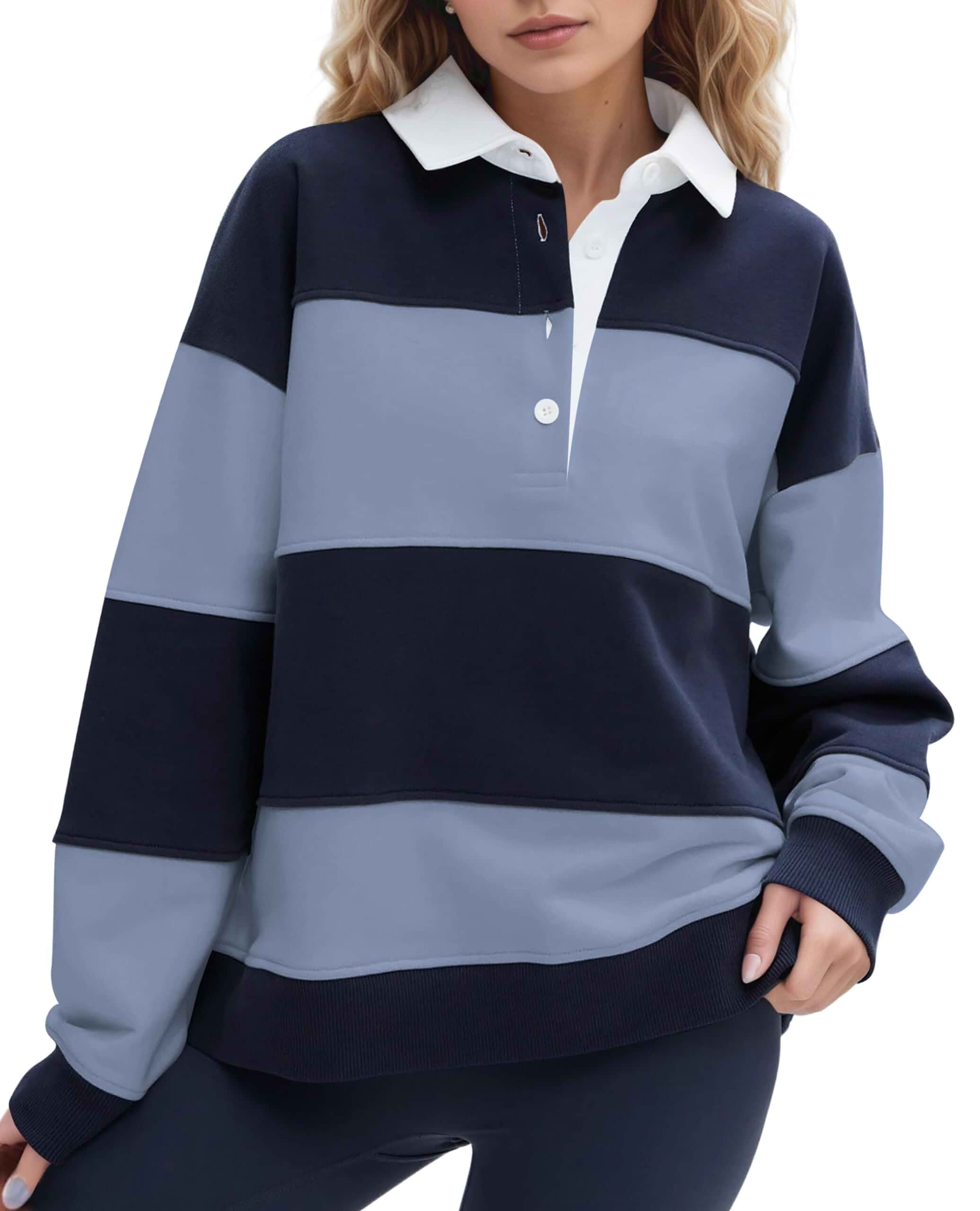 Women Oversized Striped Polo Sweatshirt Color Block Lapel Collared Pullover Tops Striped Long Sleeve Rugby Shirts Adult · Long Sleeve