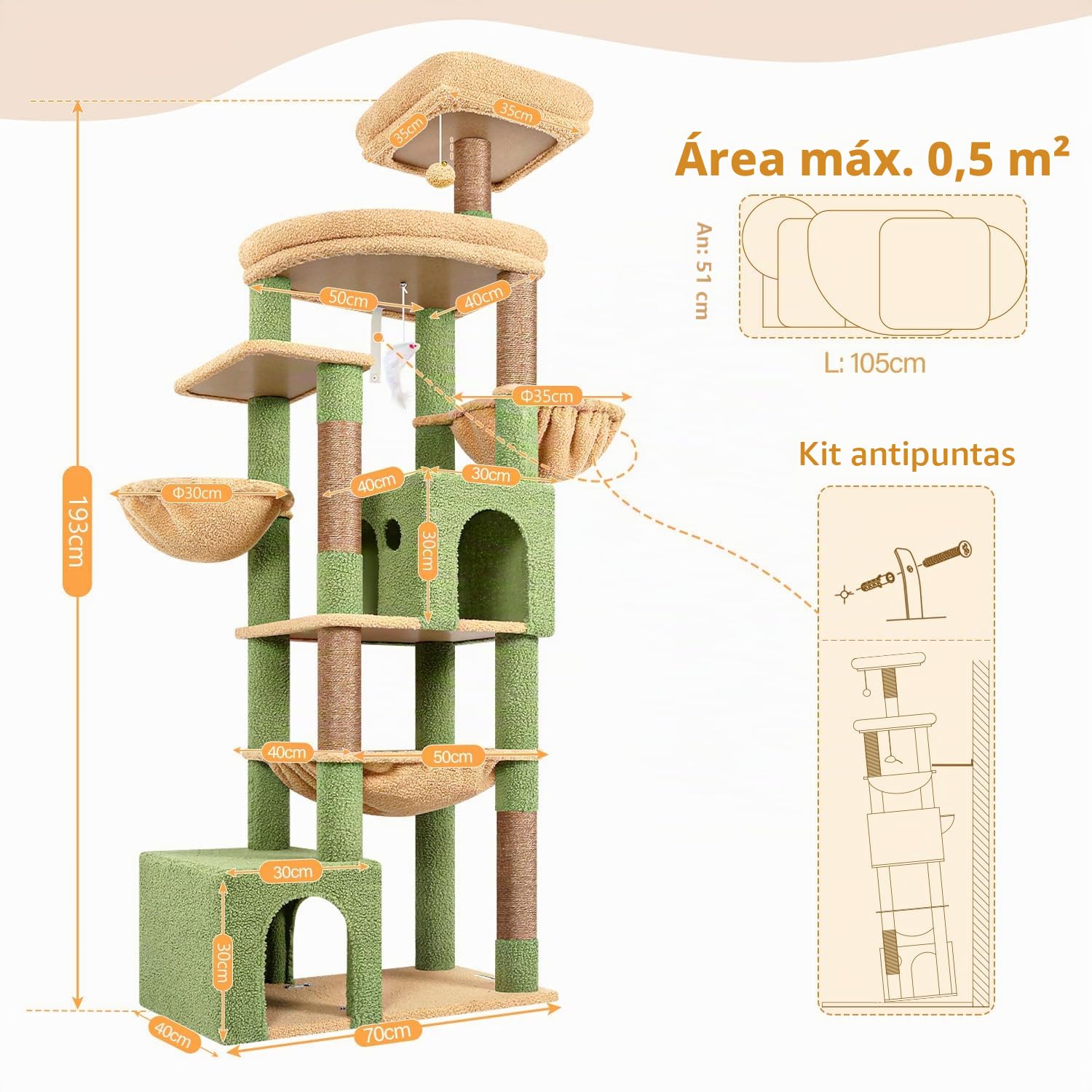 Globlazer Árbol para Grandes Gatos XXL 194 cm Alto con 2 Nidos Grande, Hamaca 50 * 40CM, Gran Plataforma, 2 Cesta, Percha, Enorme Rascador para 3-5 Gatos Adulto Descansar Jugar (S76B, Verde Cactus)