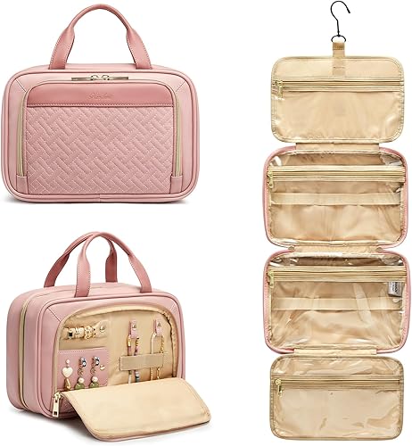 Newshows Neceser de viaje de cuero para mujer con compartimento organizador de joyas, bolsa grande para cosméticos de maquillaje con gancho para