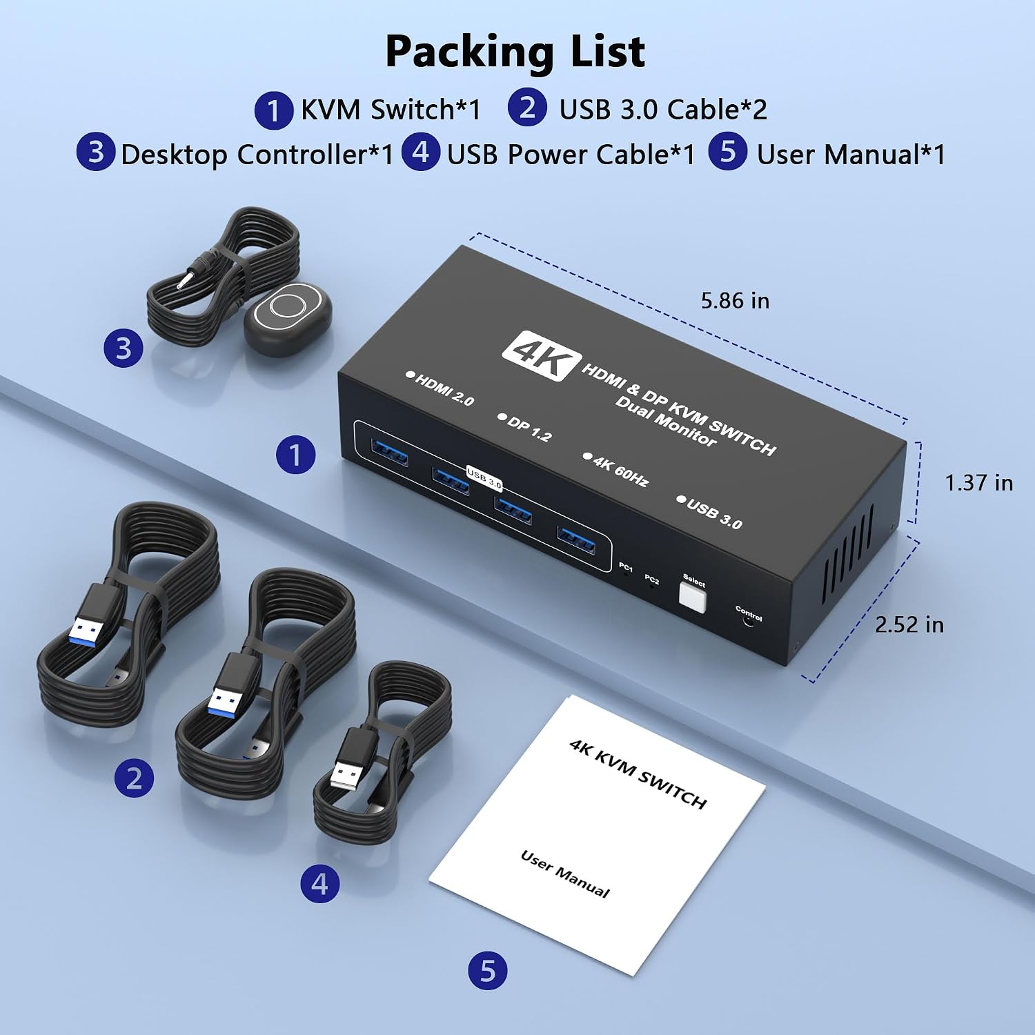 HDMI DisplayPort KVM Switch 2 Monitors 2 Computers, 4K@60Hz USB3.0 Dual Monitor HDMI KVM Switches Display Port for 2 Computers Share 2 Screens and 4 USB Devices for Keybord Mouse Printer