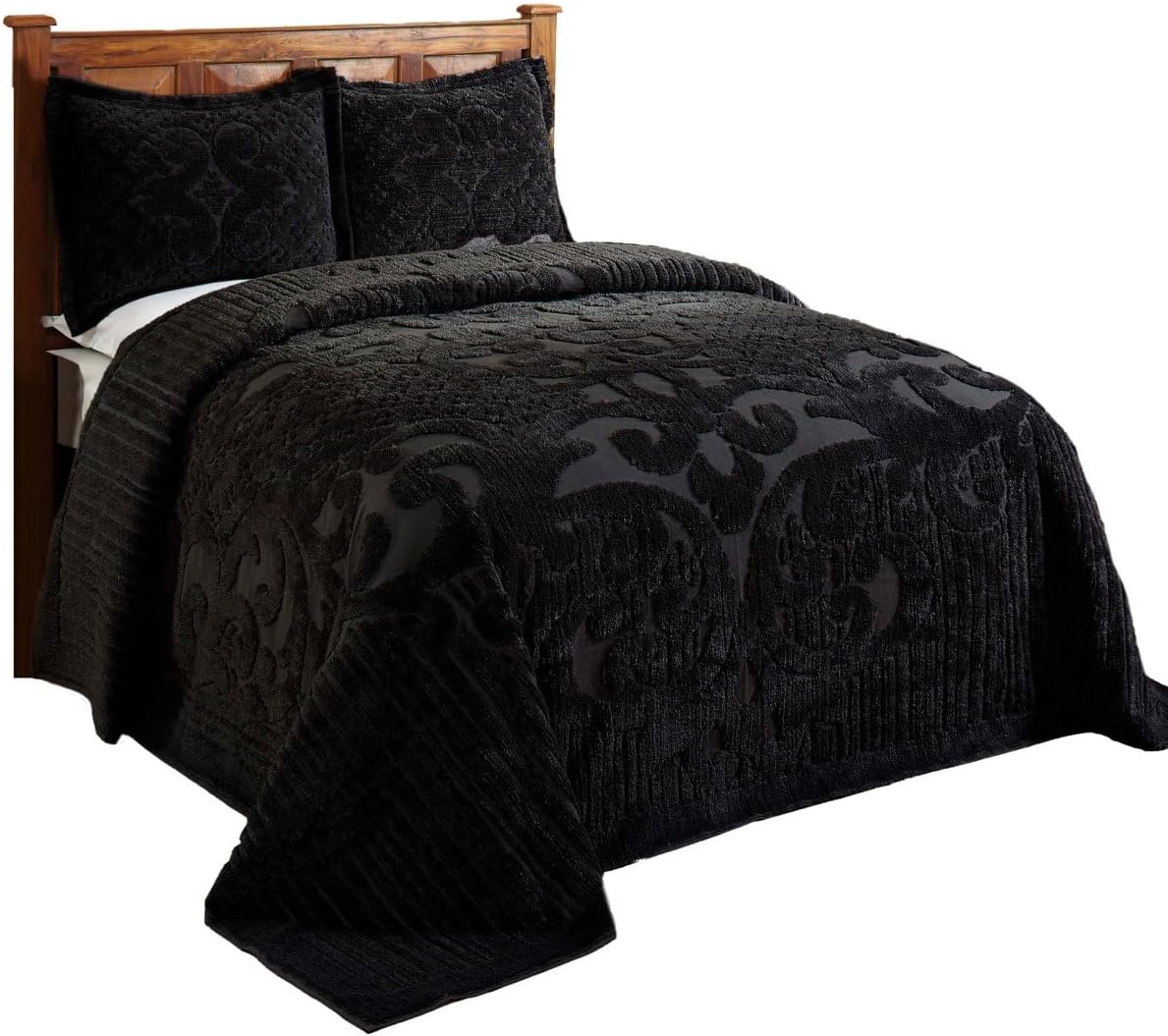Elegant Intricated Texture Medallion Pattern 100% Cotton 1 Piece Tufted Chenille Bedspread Full/Double Size | All Season Jet Black Western Bedding Aesthetic Luxury Coverlet Soft Cozy Plush