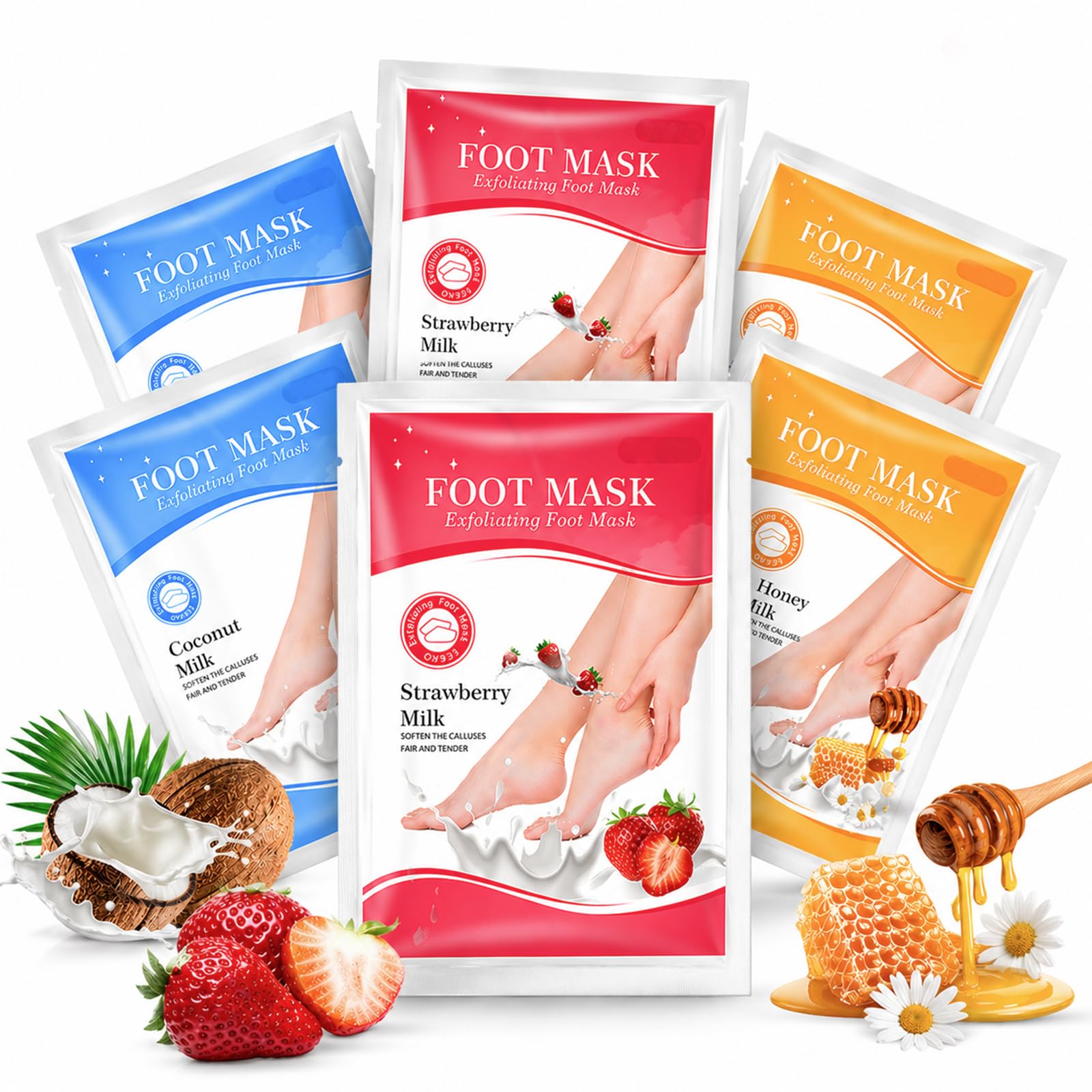 Masque Pied Exfoliant 6 Paires – Chaussettes Exfoliantes Anti-Cornes avec 2x Coco, Fraise & Miel – Soin des Pieds Doux pour Talons Secs et Crevassés, Hydratant, Spa à Domicile Femme & Homme