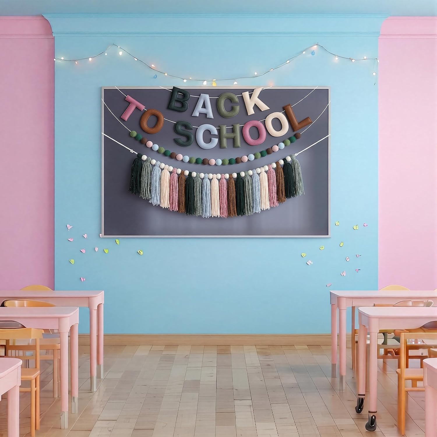 HunnmingRe 3 Pcs Rainbow Pom Pom Garland Back to School Decor, Felt Yarn Hanging Set with Tassel String, Felt Pom-pom String and Back to School Banner for Classroom Party Decoration(Rainbow)