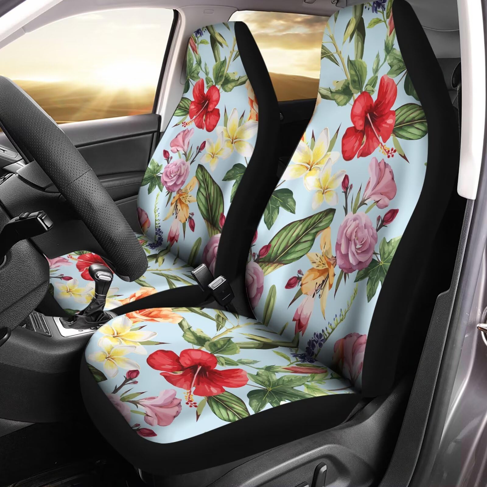gearider Watercolor Hawaiian Hibiscus Floral Print Auto Front Seats Protector, 2pcs Thin Soft Car Seat Cover only for Front for Men Women Fit for
