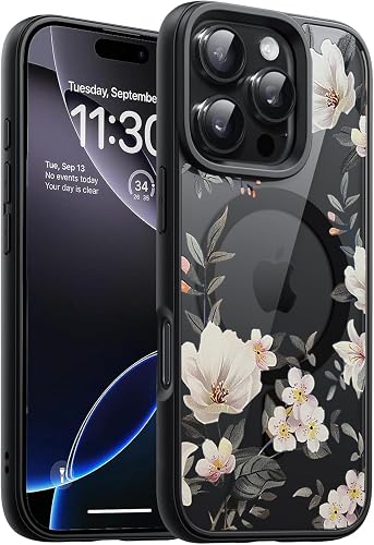 VONZEE Compatible with iPhone 16 Pro Max Case Luxury Retro Flowers Floral Clear for Magnetic Wireless Charging Case Shockproof Case PC+TPU Cute Glossy Shiny Cover for Girls Women, 6.9'' Black