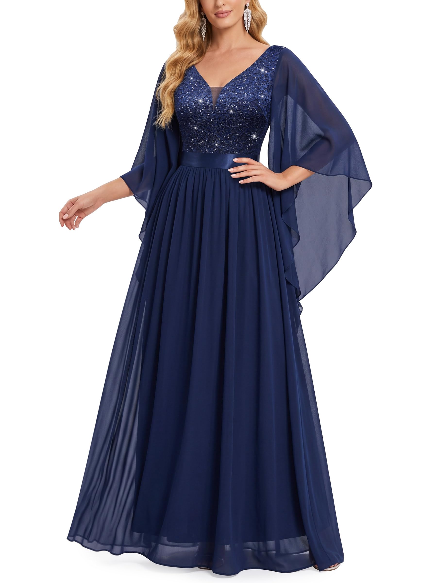 Miusol Women's Deep-V Neck Lace Contrast Sequin Formal Evening Maxi Dress