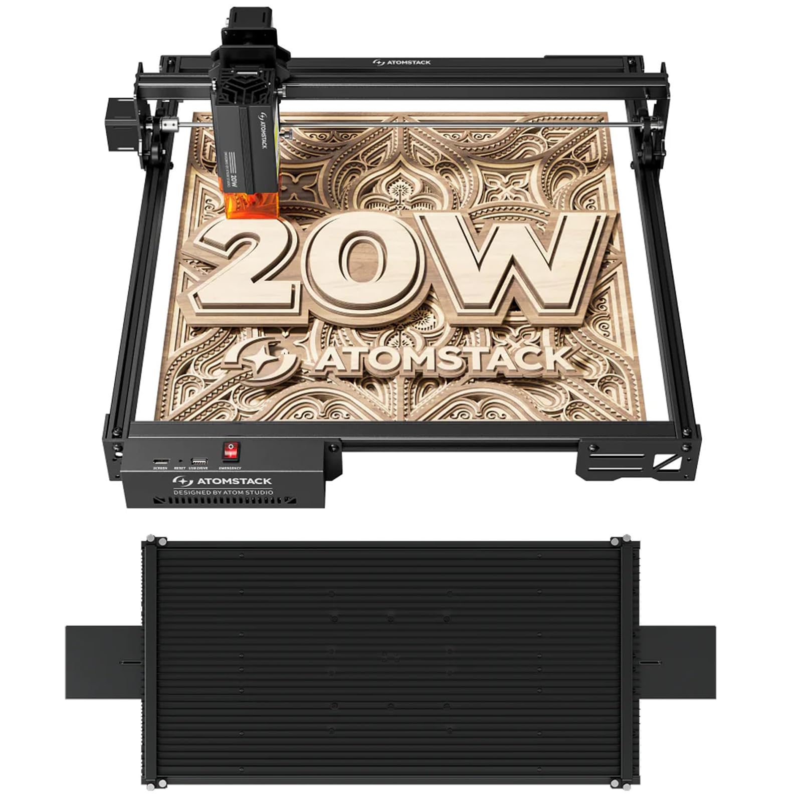 ATOMSTACK 20W A20 PRO V2 Máquina de corte láser de alta precisión con cinta transportadora automática R5 para paneles de nido de abeja de 800 x 400 mm