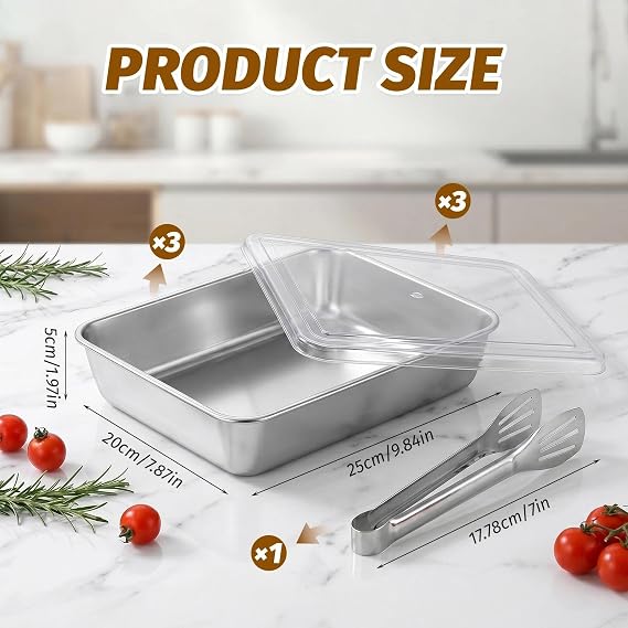 3 Pcs Stainless Steel Baking Trays Set, 25x20x5cm Deep Baking Sheet Pan, Rectangle Cake Tin Cooking Tray, Roasting & Food Storage, with Lids & 7 Food Tongs, for Fried Foods, Vegetables, Fruit, Bread