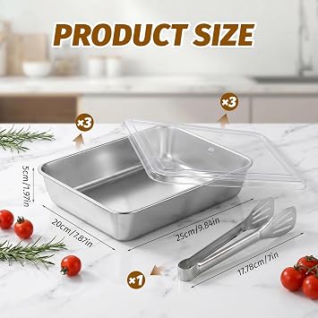 3 Pcs Stainless Steel Baking Trays Set, 25x20x5cm Deep Baking Sheet Pan, Rectangle Cake Tin Cooking Tray, Roasting & Food Storage, with Lids & 7 Food Tongs, for Fried Foods, Vegetables, Fruit, Bread