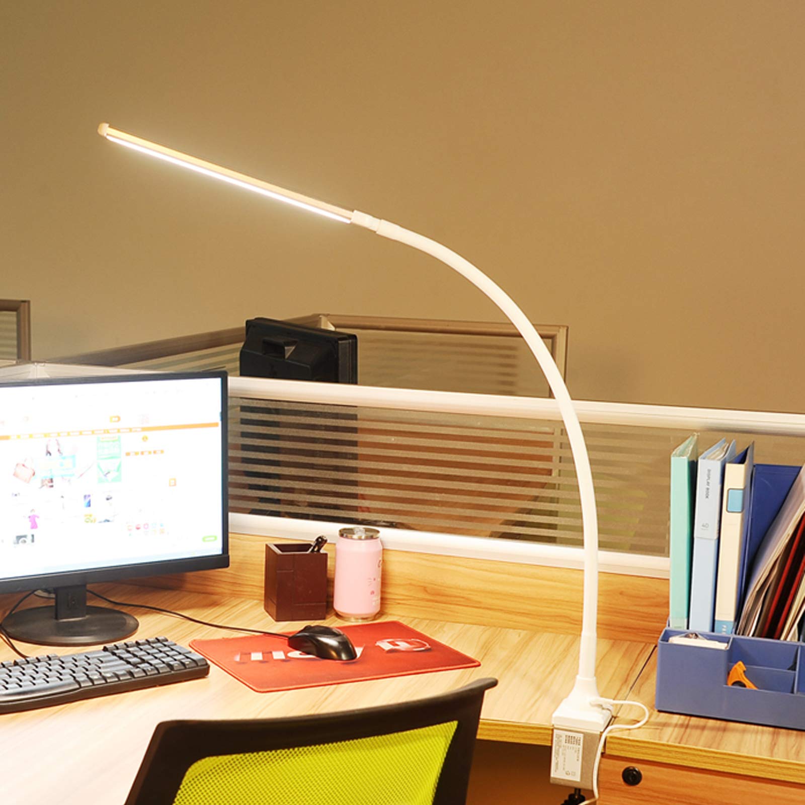 QJUZO Lampa zaciskowa LED, 12 W, lampka zaciskowa do łóżka, dotykowa 5 jasności, możliwość ściemniania, 360°, elastyczna biała lampa typu łabędzia szyja, 4000 K, lampka do czytania, biura, książki,