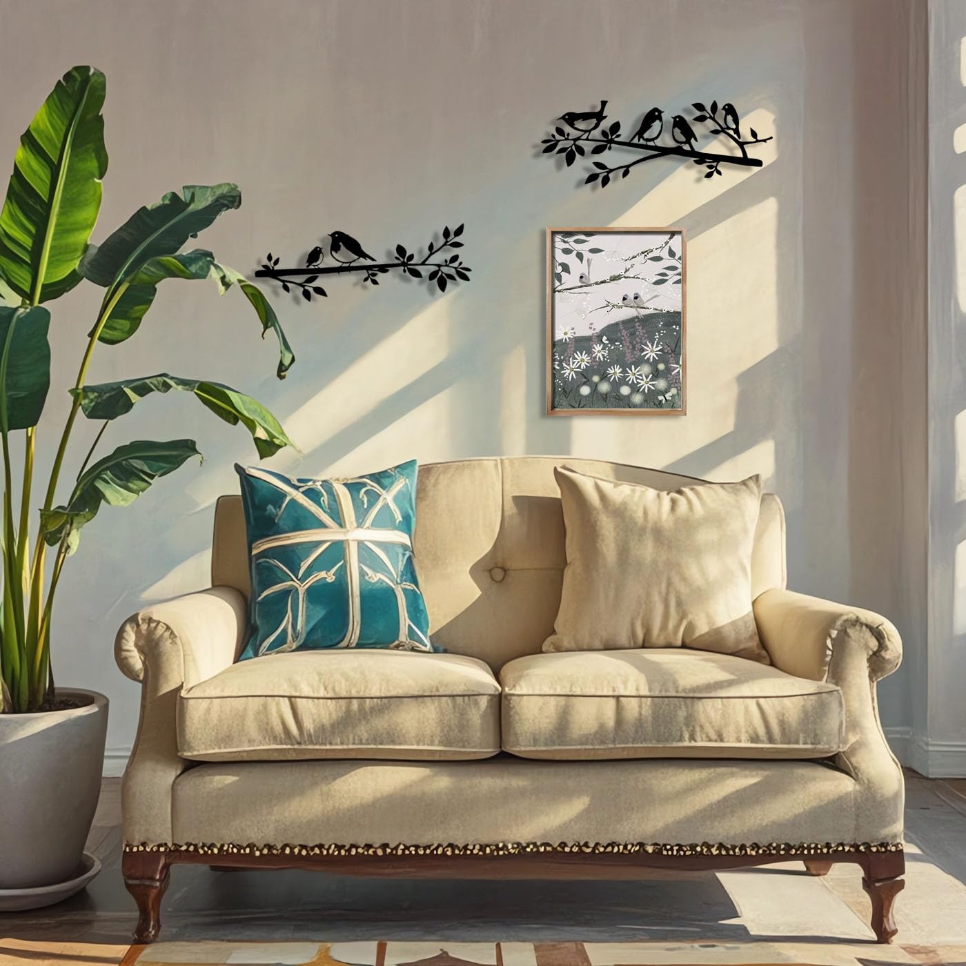 Oiseaux muraux en métal sur une branche,Décoration murale oiseaux en métal,Décoration murale en forme de feuilles avec silhouette d'oiseaux,Décoration jardin ou balcon,pour Décoration Murale (2)