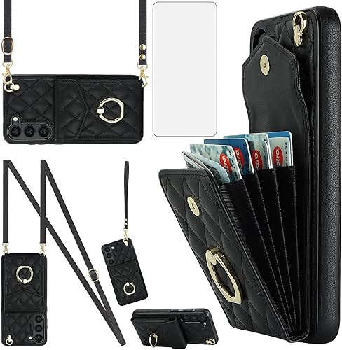 Asuwish Funda de teléfono para Samsung Galaxy S23 5G con protector de pantalla de vidrio templado y correa para la muñeca con bloqueo RFID,