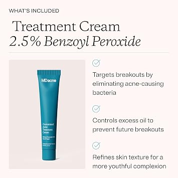 MDacne 3-Step Acne Treatment Kit with Benzoyl Peroxide & Salicylic Acid | Benzoyl peroxide 2.5% cream, salicylic acid cleanser & niacinamide moisturizer; plant-based, for teens & adults