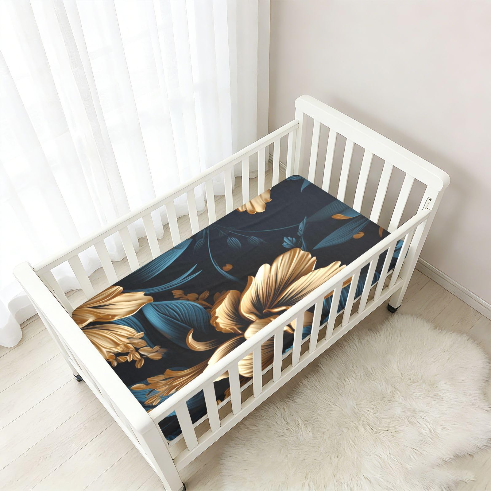 Fleur DoréE Bleu Foncé Drap Housse pour Lit BéBé en Coton Doux,Adapté au Matelas Parc
