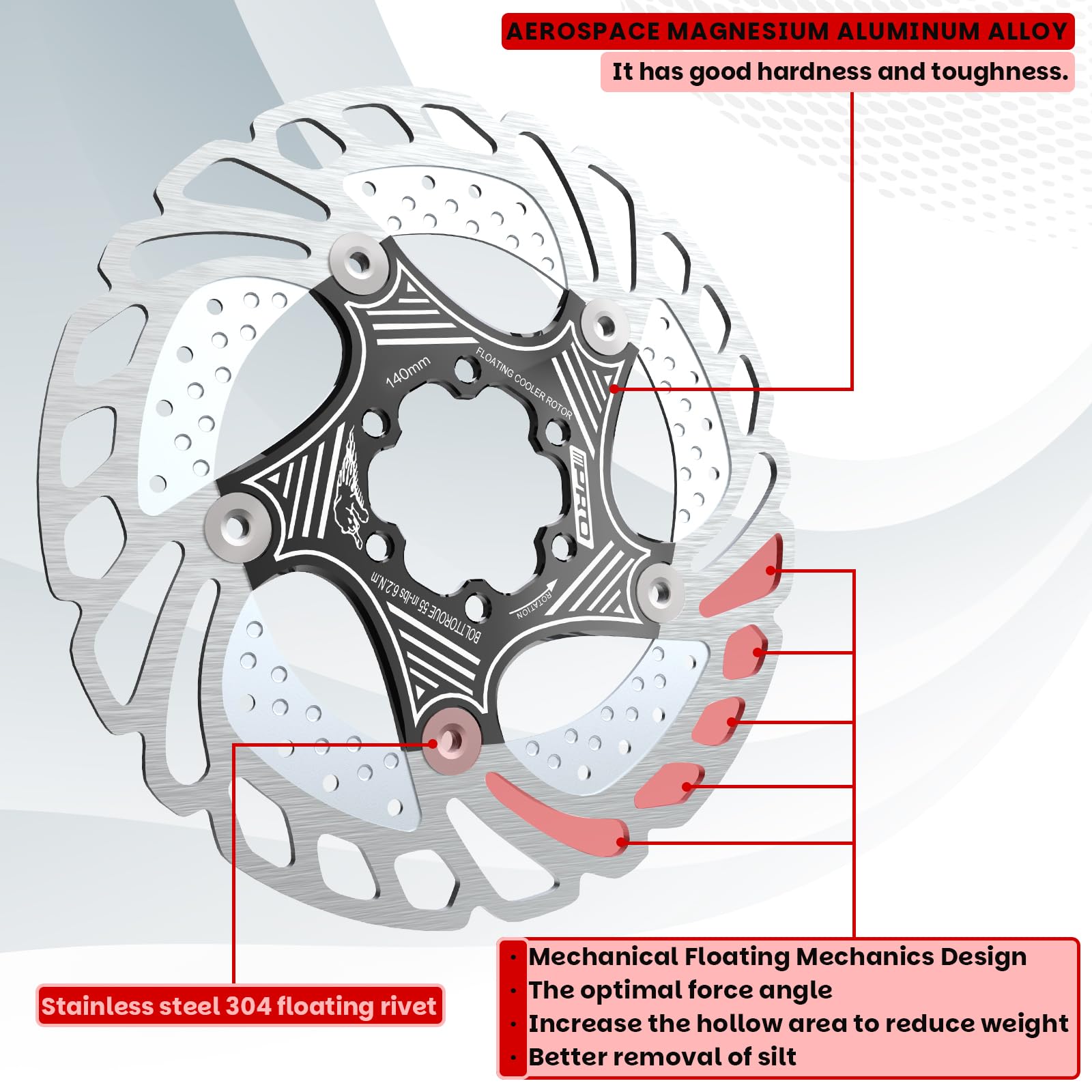 RACEDUE IIIPRO AR68 Rotor de frein à disque flottant pour vélo de montagne/VTT en alliage d'aluminium et acier inoxydable pour vélo de route/vélo électrique/BMX 140 mm, 160 mm, 180 mm, 203 mm (noir)
