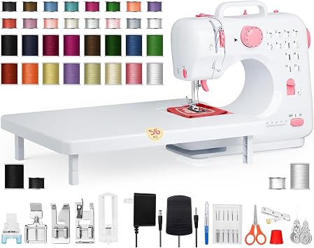 Small Portable Sewing Machine for Beginners, Easy-to-Use Electric Sewing Machine with 12 Built-In Stitches, Reverse Stitching, LED Light, Extension Table, 32-Color Thread Kit for Kids and Adults