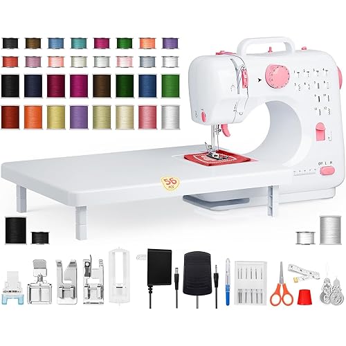 Small Portable Sewing Machine for Beginners, Easy-to-Use Electric Sewing Machine with 12 Built-In Stitches, Reverse Stitching, LED Light, Extension Table, 32-Color Thread Kit for Kids and Adults