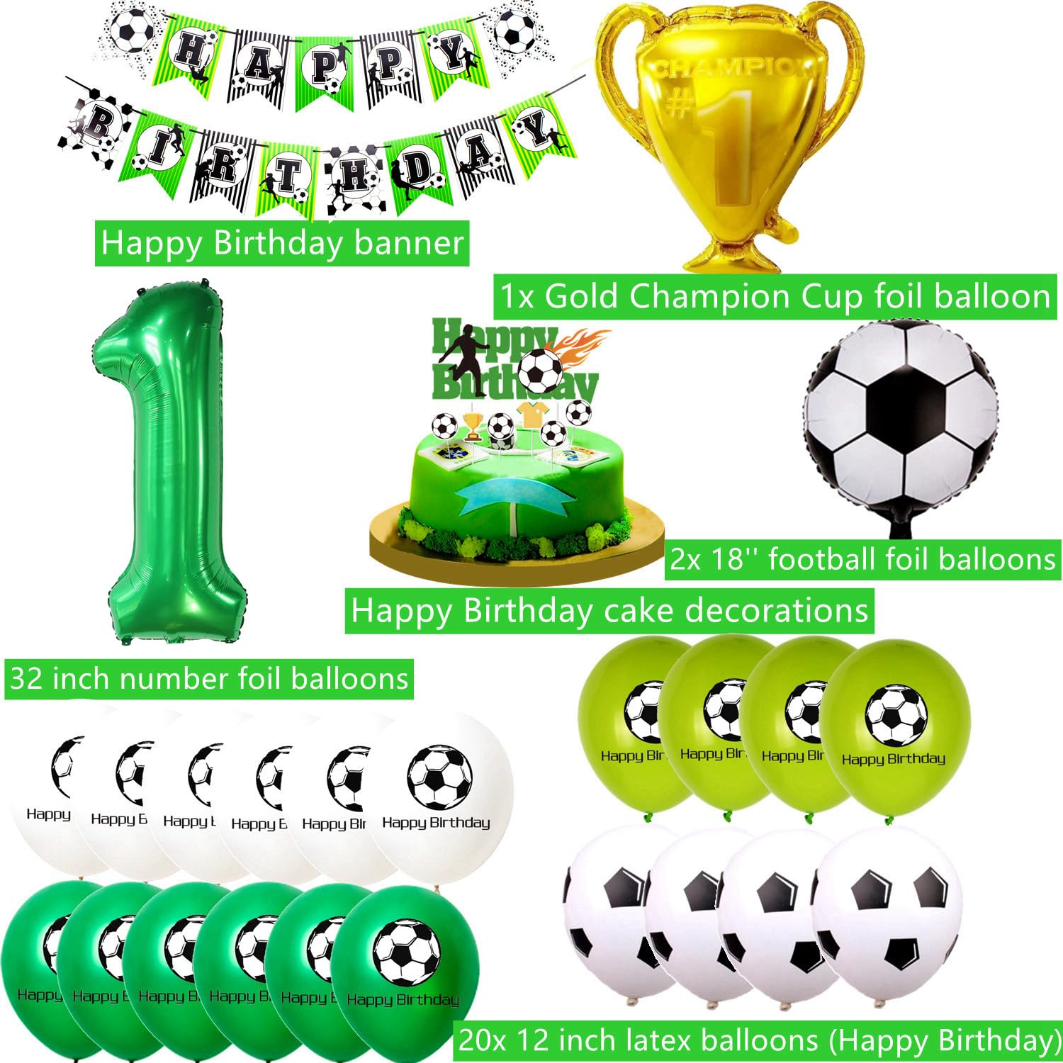 Fußball Geburtstagsdeko Set – Mit Nummer 1 Ballon, Pokal, Latexballons & Banner – Helium-tauglich