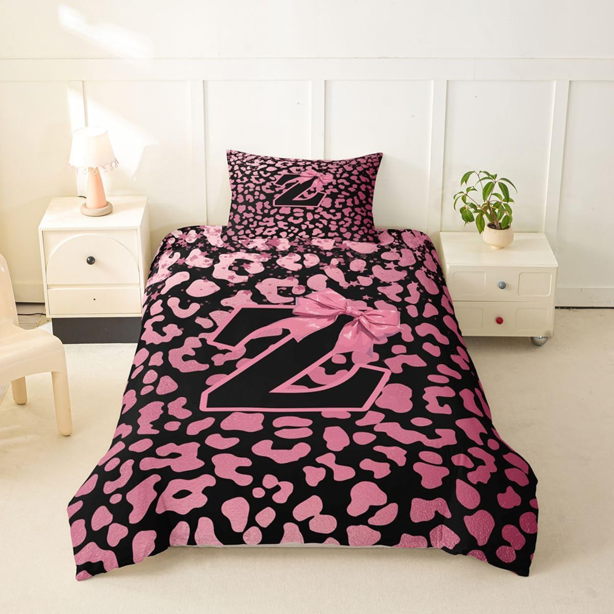 jejeloiu Initial Letter Z Duvet Cover Toddler Size Pink Black Glitter Bow Bedding Set for Boys Girls Leopard Bowknot Comforter Cover Bedroom Decor 2Pcs No Comforter Zipper Closure with 1 Pillowcase