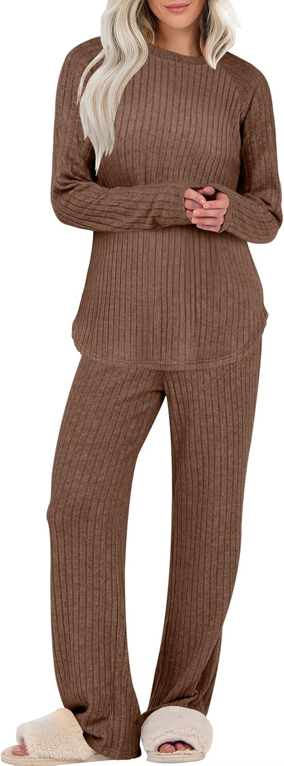 ANRABESS Womens 2 Piece Lounge Pajama Sets Ribbed Knit Long Sleeve Tunic Tops Matching Pants Casual Fall Sleepwear Outfits