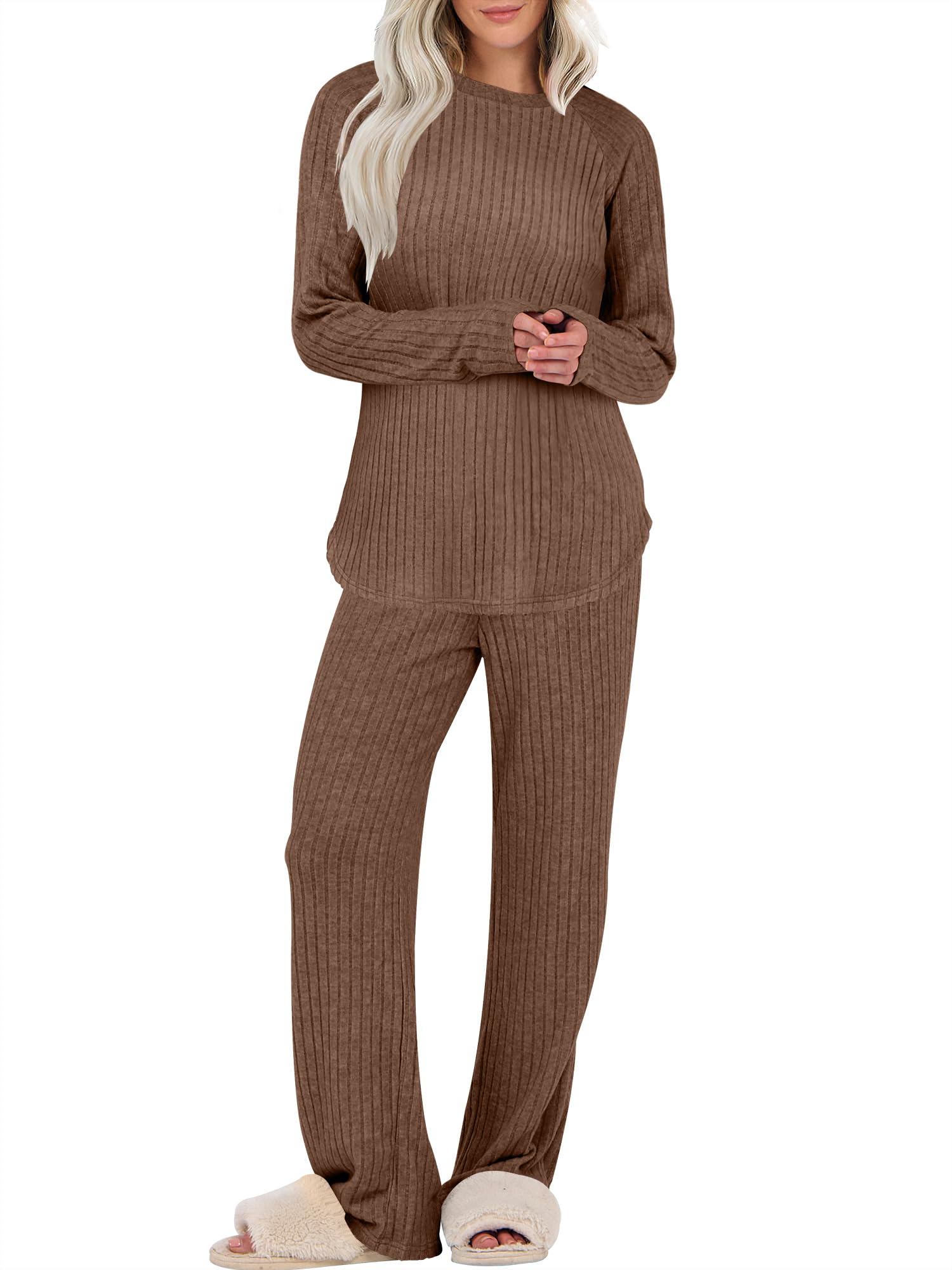 ANRABESS Womens 2 Piece Lounge Pajama Sets Ribbed Knit Long Sleeve Tunic Tops Matching Pants Casual Fall Sleepwear Outfits