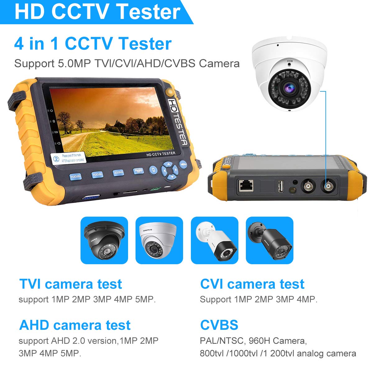 Anpviz 4 in 1 CCTV-Tester, 8MP AHD/TVI/CVI/CVBS-HD-Videomonitortester, Analoger Video-/UTP-Kabeltest/PTZ-Controller, VGA/HDMI-Eingang, DC12V-Ausgangskamera-CCTV-Tester