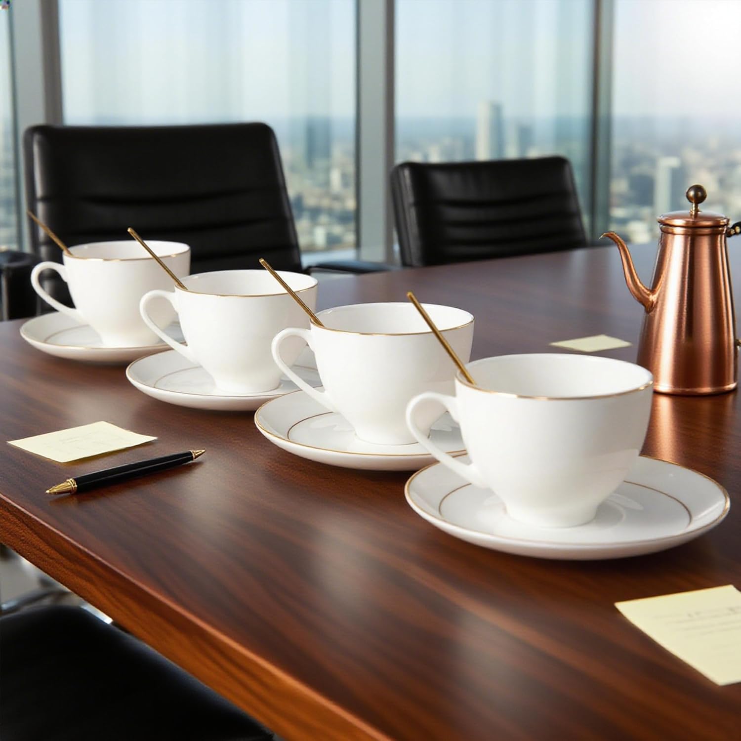 Bone China Tea Cups and Saucers Set (7 oz, Set of 4) – White Luxury Fine Porcelain Mugs for Tea, Coffee, Latte Art, Barista Use, Elegant Gifting