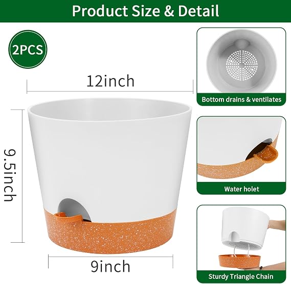 GARDIFE 12 inch Plant Pots, planters, Self Watering Pots, Large Plastic Flower pots with Deep Reservior and High Drainage Holes for Indoor Outdoor Plants and Flowers, White