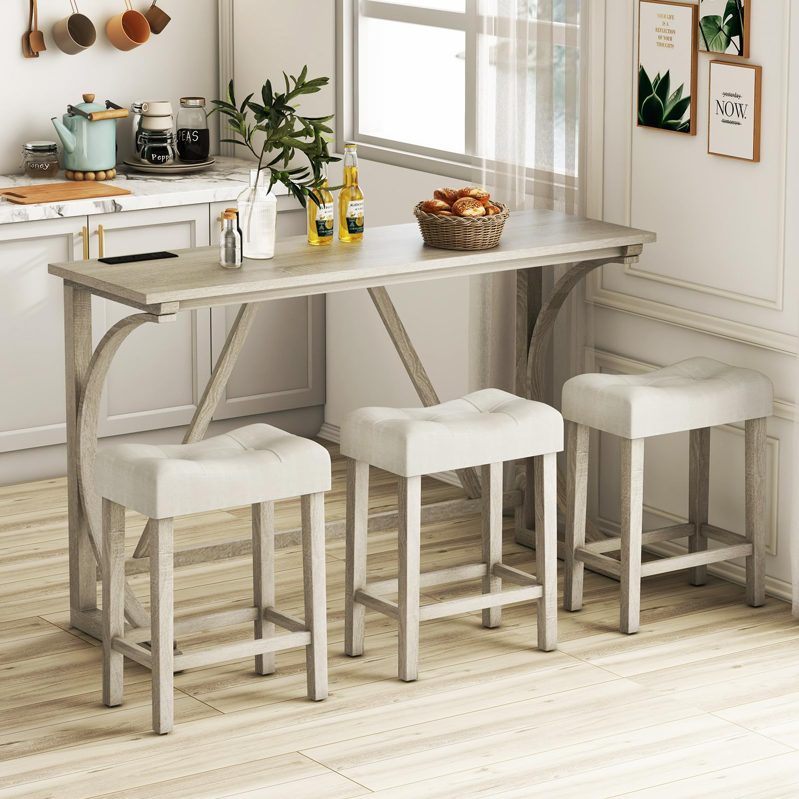 COSTWAY 4 Piece Bar Table Set with Power Outlet, Counter Height Kitchen Table and 3 Upholstered Saddle Stools Set, Dining Room Furniture for Home Restaurant Pub — view 7
