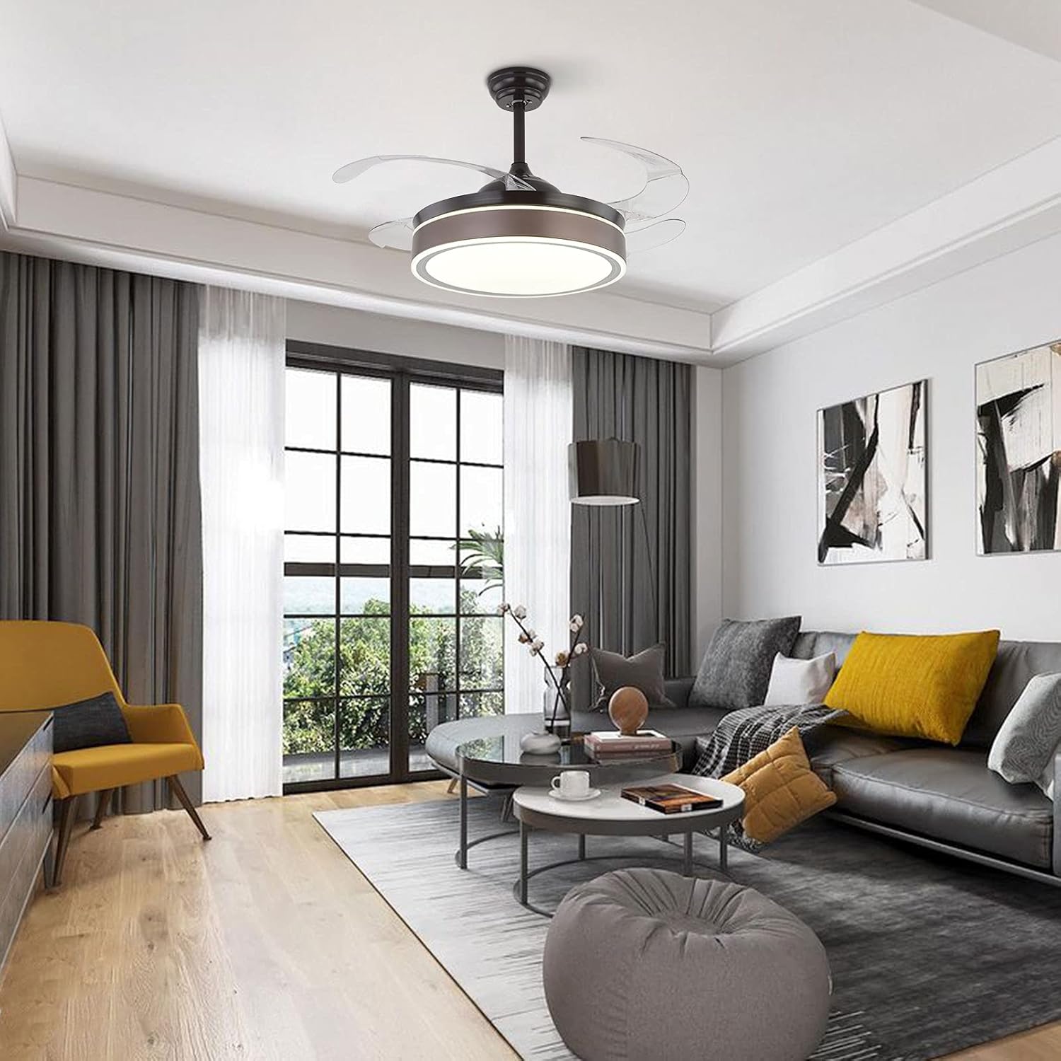 Tech Deals 🔥 42 Modern Ceiling Fan 4 Invisible Retractable Blades Ceiling Fan with Lights and Remote 3 Colors 3 Speed Chandelier Fan for Bedroom Dinning Room Living Room, Transparent Blades (Style 1)