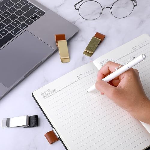 Miniatura 5 de TIESOME Soporte retro de piel sintética para bolígrafo, 4 piezas con clips para diario, planificador, portapapeles, bolsillo de oficina, se adapta a
