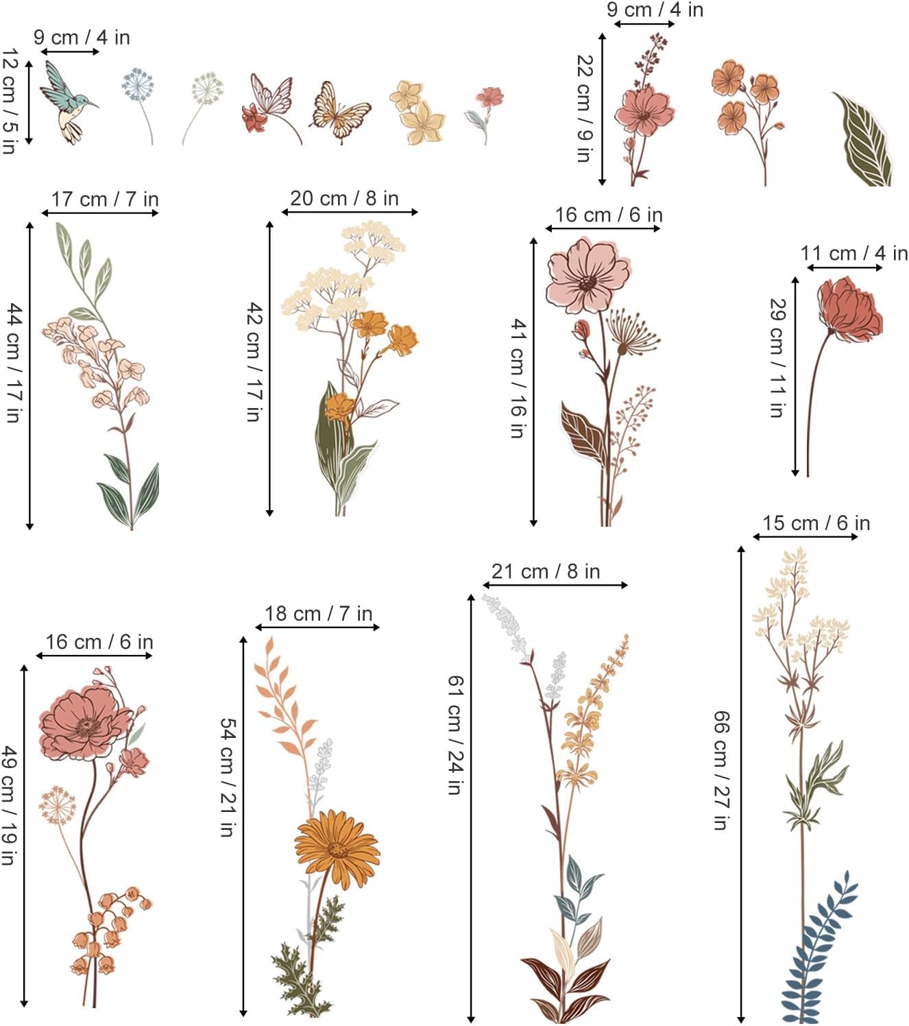 wondever Boho Flower Wall Stickers Wildflower Floral Grass Plants Peel and Stick Wall Art Decals for Baby Nursery Girls Bedroom Living Room