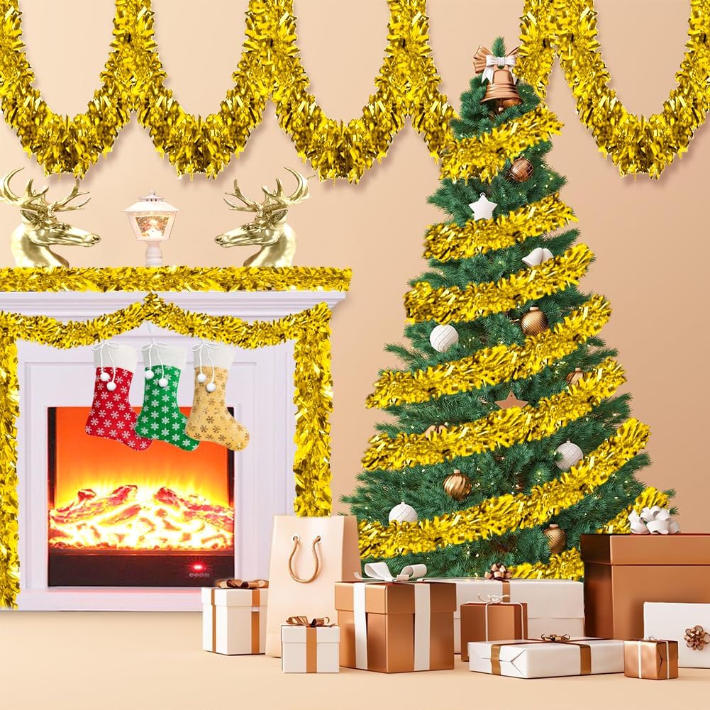 33Ft Christmas Tinsel Garland Shiny Thick Gold Tinsel Decor Xmas Tree Decorations Metallic Twist Foil Garland for Christmas Birthday Holiday New Year Parties Indoor Outdoor Party Supplies - Gold - Image 7