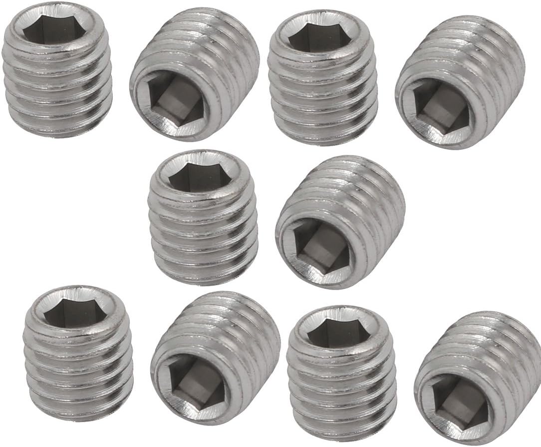 Sourcingmap 10 Pcs M10 x 10mm 304 Stainless Steel Hex Socket Drive Flat Point Grub Screw, Silver