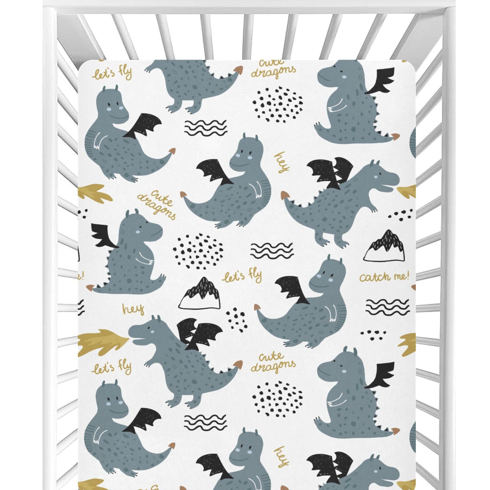 CaTaKu Crib Sheets for Girls Boys Cute Dragons Baby Sheets for Crib,Neutral Toddler Mini Crib Mattress Sheets Fitted for Nursery Bed 27""x 39"", 329768031p821c876s1913