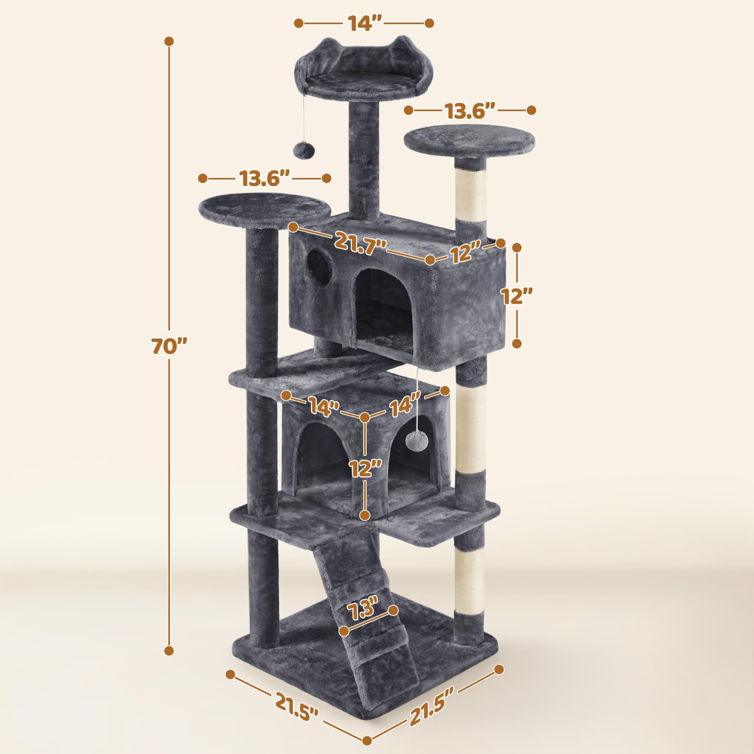Yaheetech Albero per gatti a più livelli da 177,8 cm, alto torre per gatti, con condominio, tiragraffi e palla pendente, per centro attività per gatti, grigio scuro