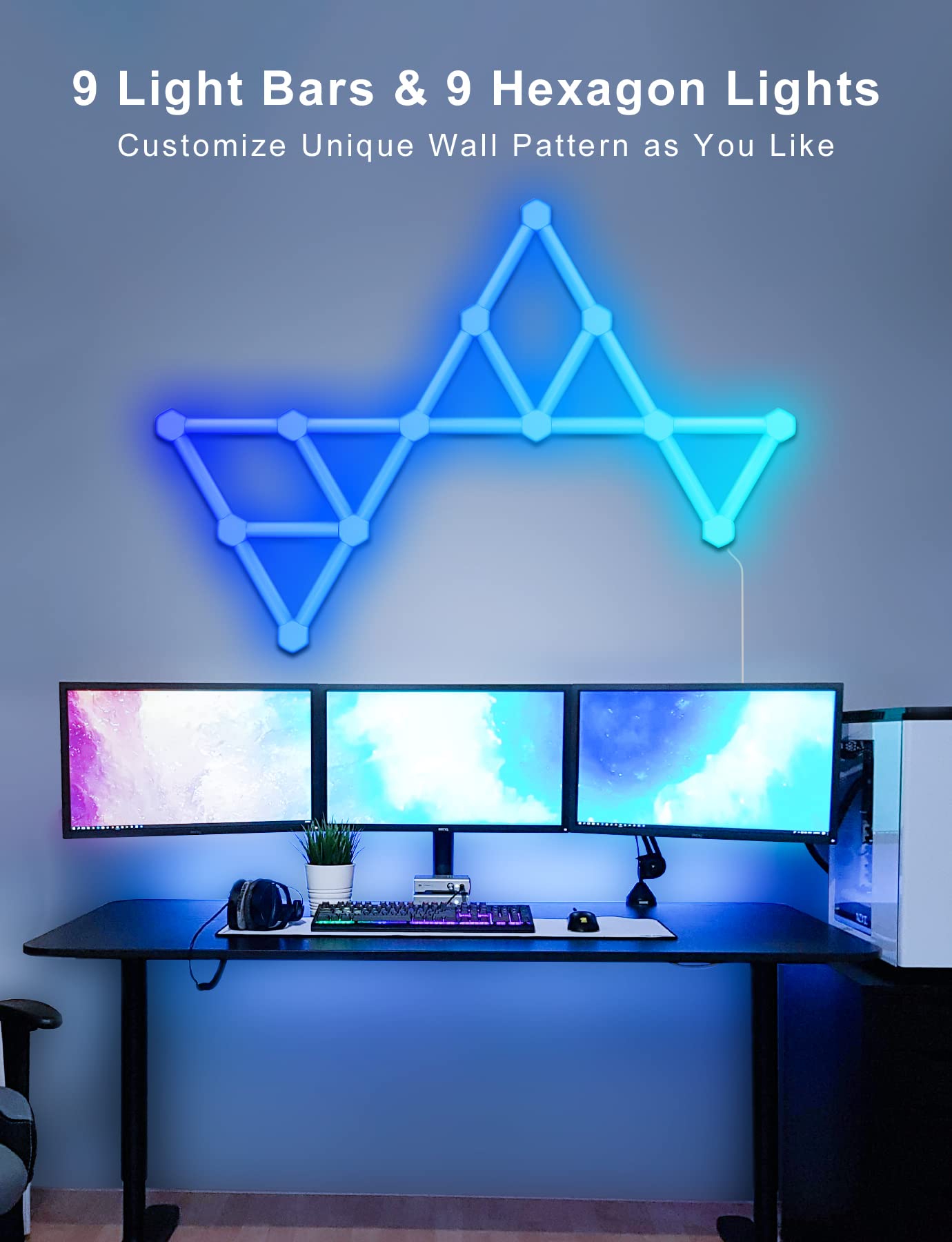 LED Hexagon Light Panels, Wi-Fi RGB Lichtpanels Wandleuchten mit DIY Deko, Musik Sync, App-Steuerung, Funktioniert mit Alexa Google Assistant für Wohnzimmer,Gaming Zimmer, 9+9 LED Panels