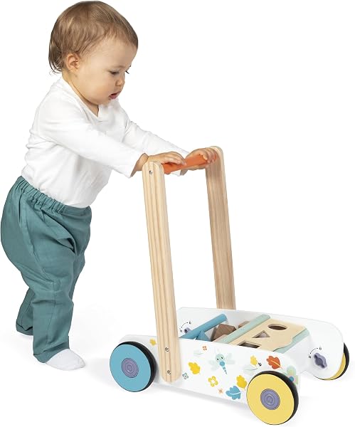 Janod - Carrito para bebés y niños de Madera A Partir de 12 Meses - 18 Piezas de Madera Incluidas + Caja con Forma - Ruedas silenciosas + Sistema de Freno - A Partir de 1 año - 3