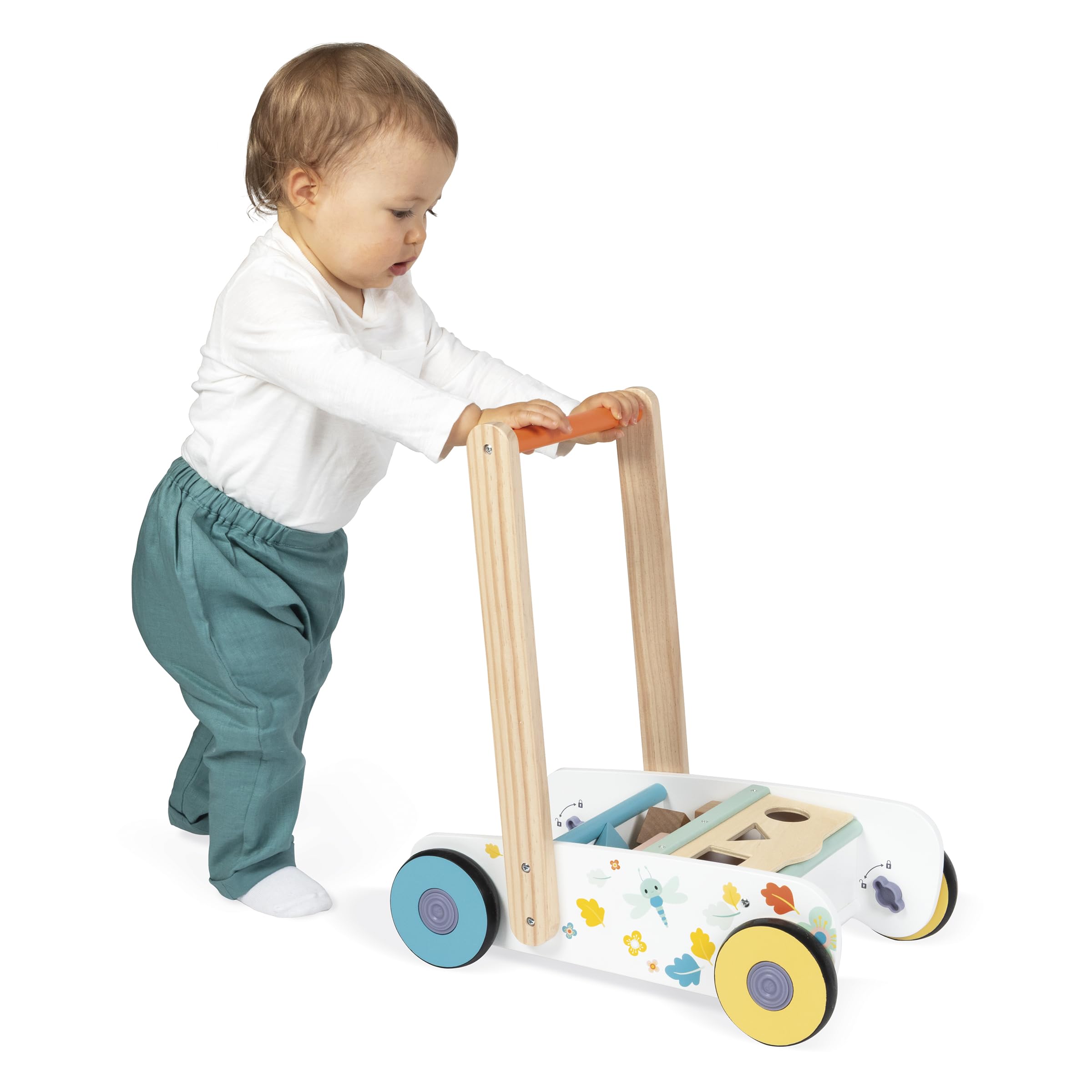Janod - Carrello da Passeggio in Legno per Neonati e Bambini dai 12 Mesi - 18 Pezzi in Legno Inclusi + Scatola Sagomata - Ruote silenziose + Sistema frenante - dai 12 Mesi