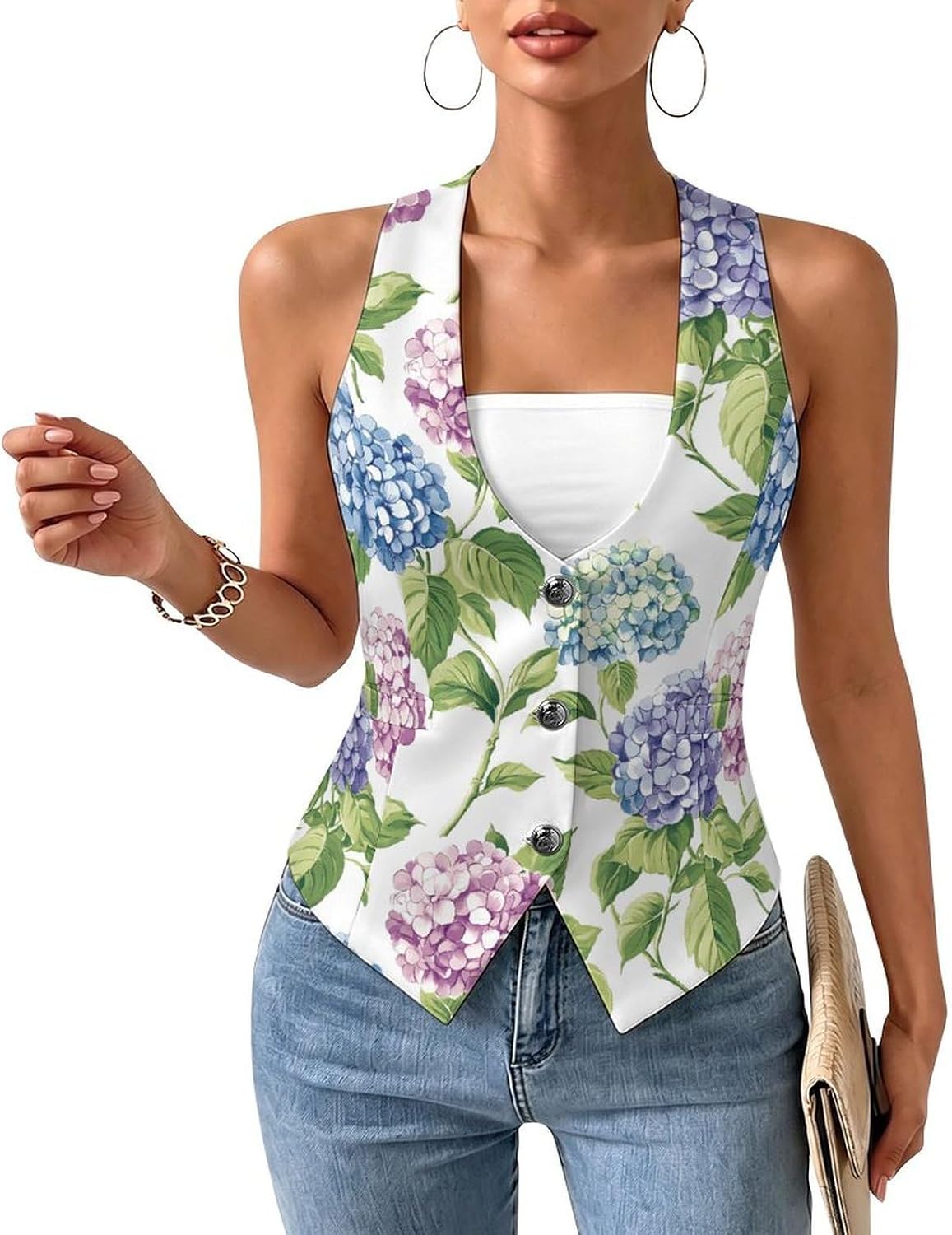 Watercolors Hydrangeas Flowers Women's Tuxedo Waistcoat Suit Vest | 3 Button V-Neck Slim Fit Casual Sleeveless Top