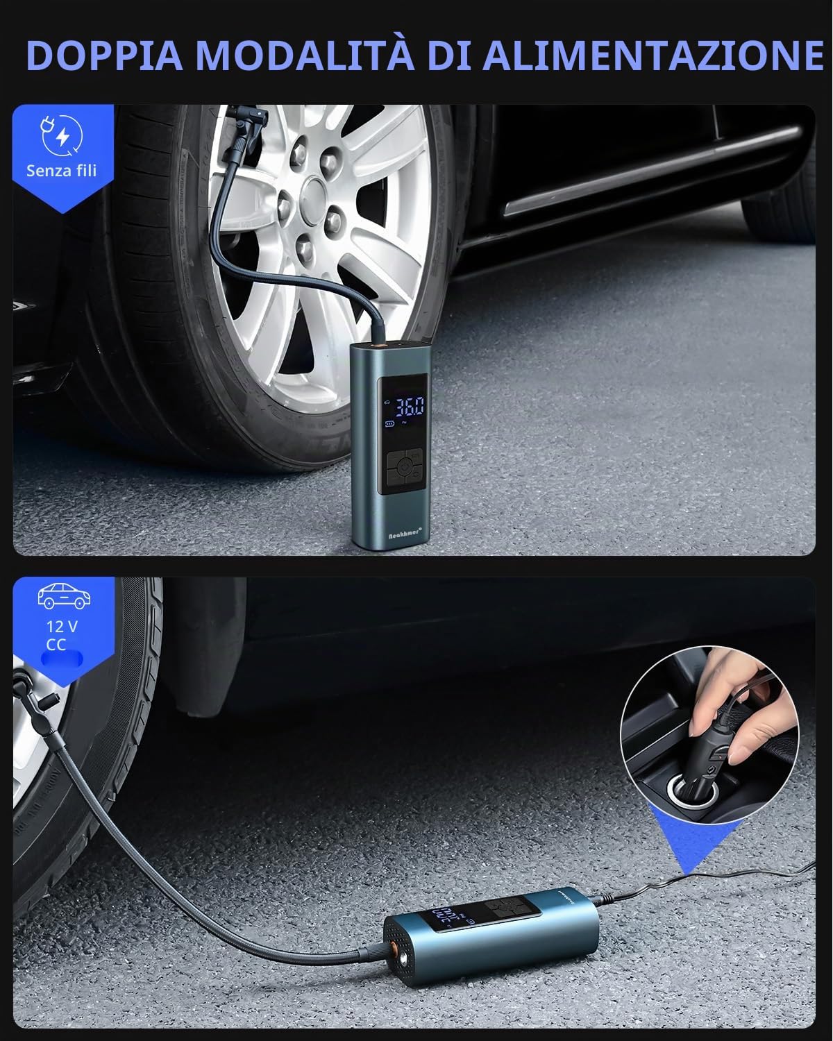 Mini compressore d'aria portatile,150PSI compressore elettrico ricaricabile | 12 V 6000 mAh,pompa ad aria con manometro, per auto, bicicletta, moto, palloni, autooff, power bank USB