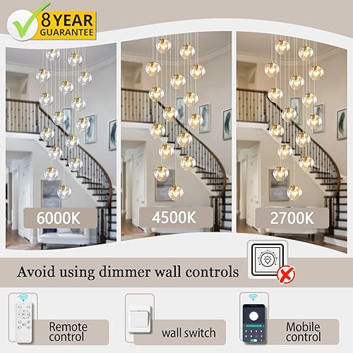 Miniatura 65 de Escalera LED de 10 luces LED moderna con globo de cristal, lámpara colgante grande para techos altos, accesorios de iluminación de entrada, villas y