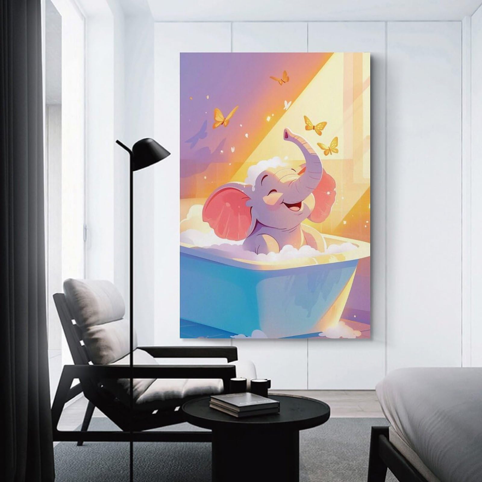 Junmoney Unframe-Style-1 Its Baby Elephant Bath Time Wall Picture Print, 24X36inch(60X90cm), For Workspace Walls, Study Corners Or Bedrooms, Wall Art That Adds Style To Work Areas
