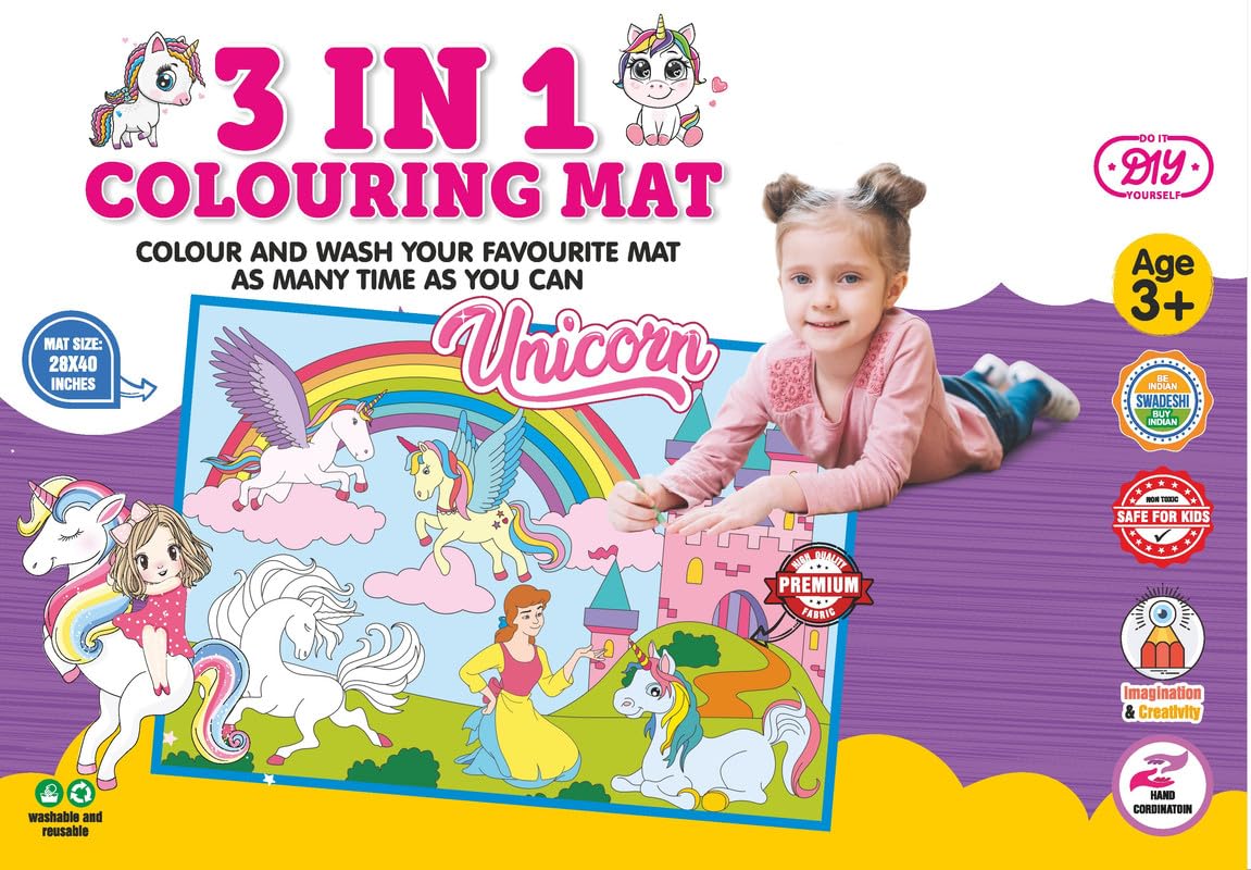 3in1 Colouring MAT for Kids Reusable and Washable 3 Big MATS (40 * 28inches) and 12 Sketch Pen for Colouring | Unicorn Theme | 3+ Age
