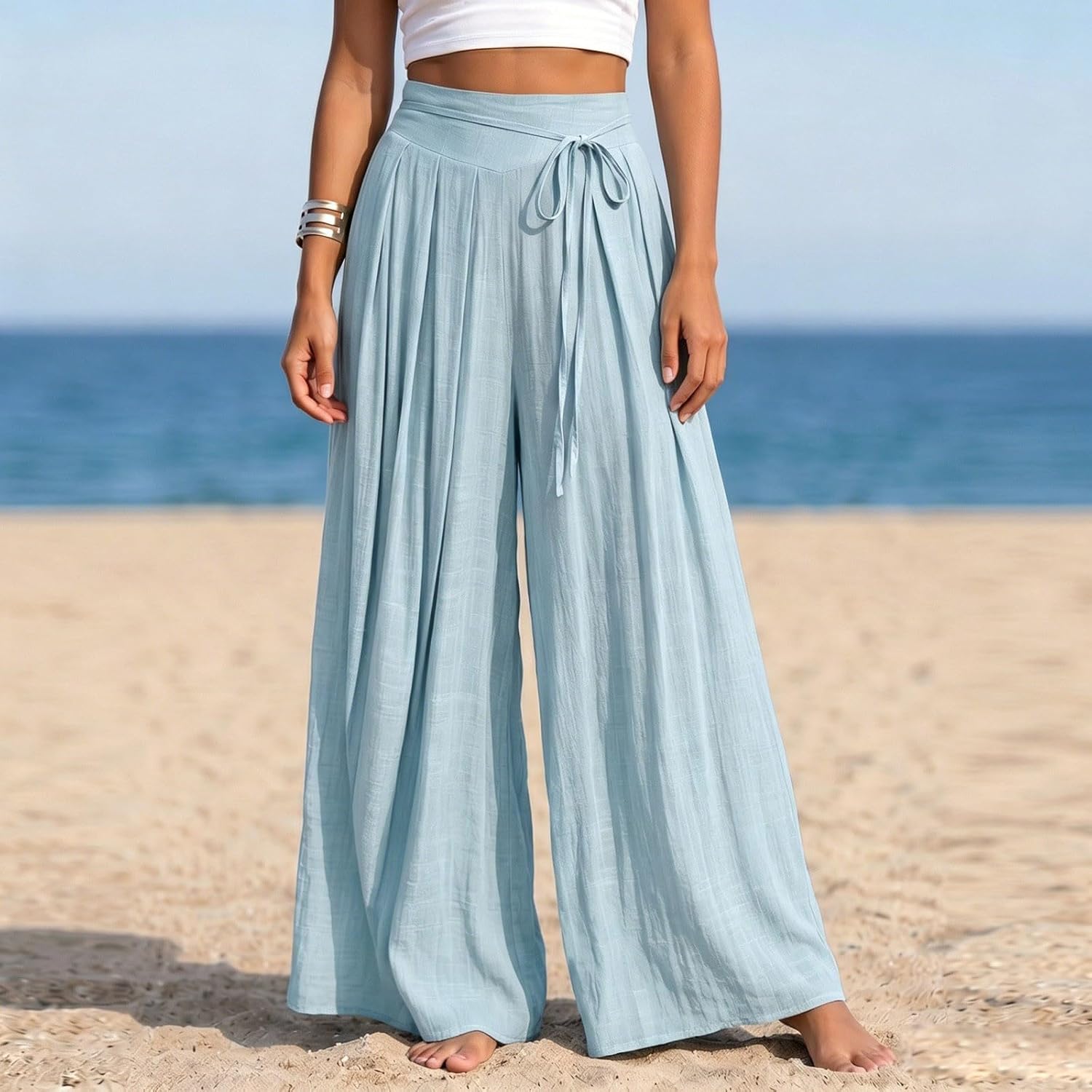 Womens Tie Waist Wide Leg Pants High Waisted Pleated Front Linen Pants Boho Fashion Vacation Beach Outfits 2026