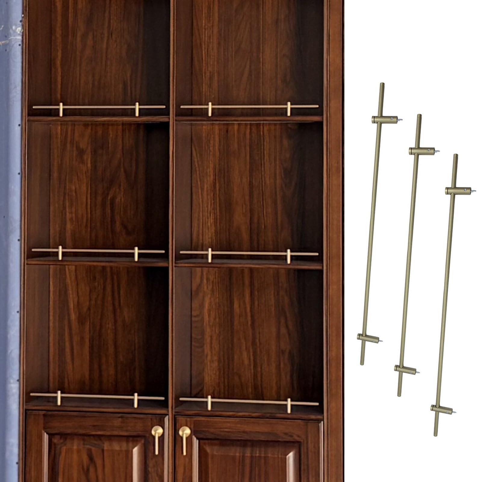 Blazea One Color Vintage Decorative Tipping Shelf Railings, 3 Pcs Brushed Bronze Shelves Rail Fence Set, Metal Guardrail Bar For Glassware/Wine/Spice Rack(26In(66Cm))