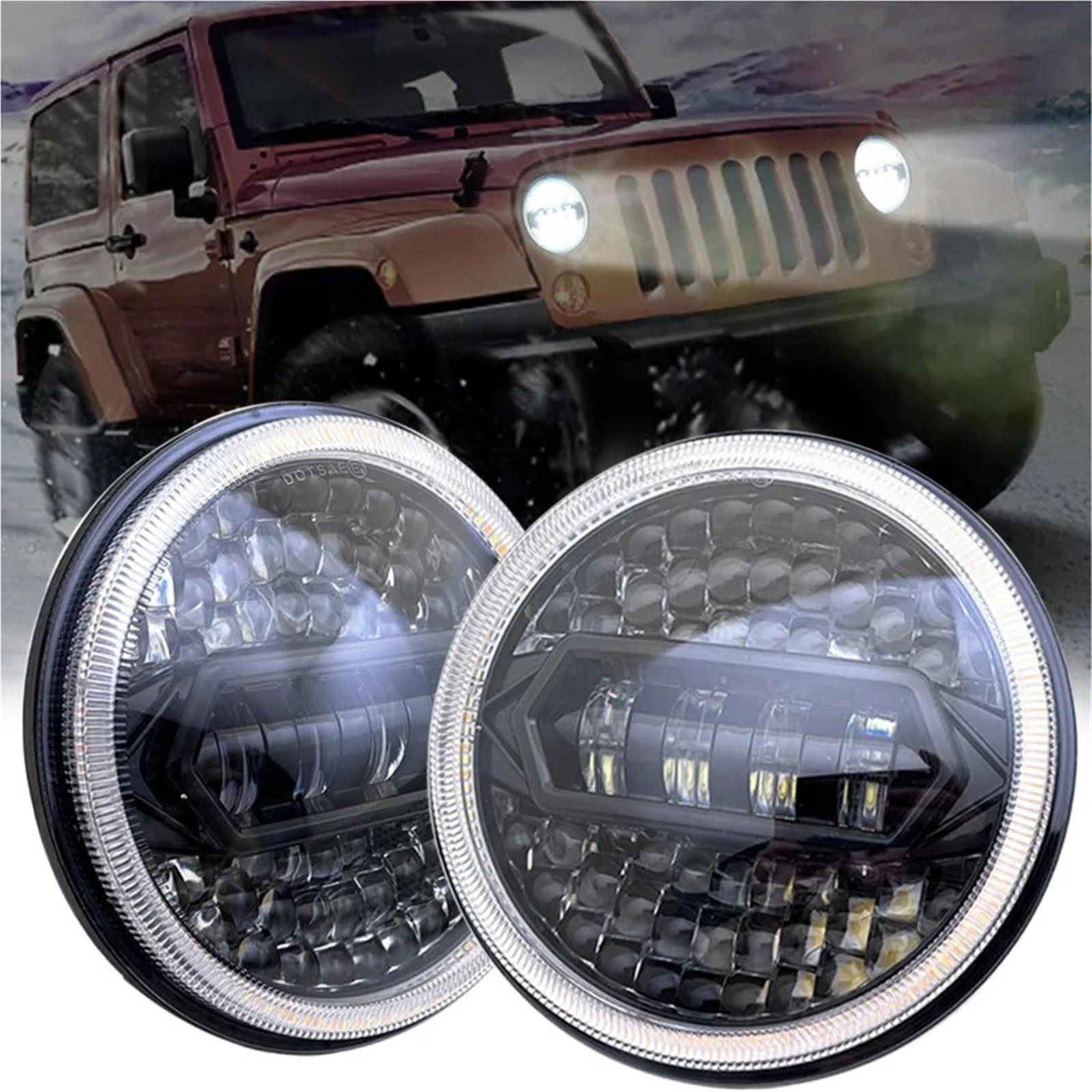 Gruppo Fari Auto Faro Anteriore A LED 7 Pollici H4 DRL Angel Eye Rotondo Giallo Bianco Indicatore Direzione Per Land Per Rover Per Defender 90 90/110 Tdci Fari Delle