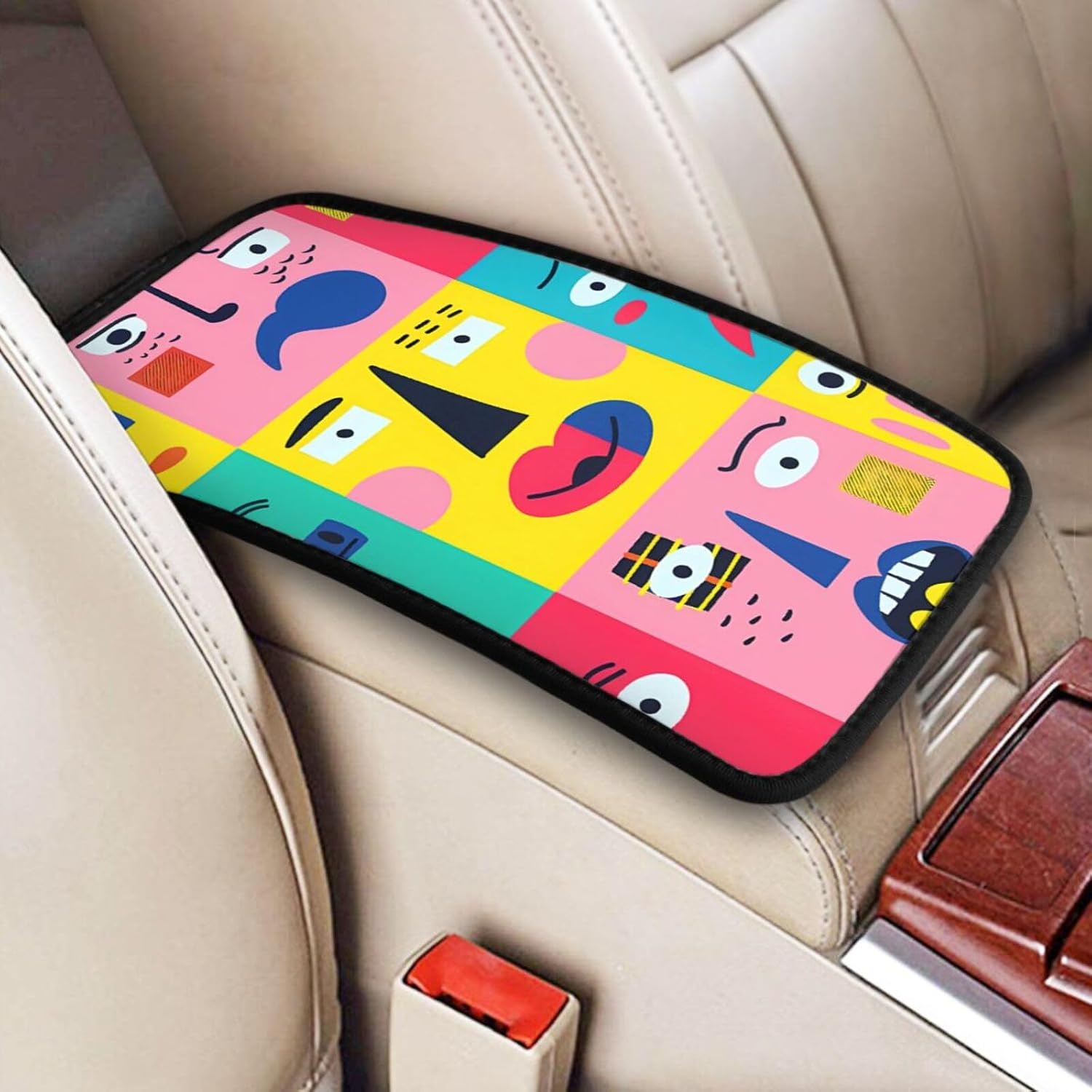Abstract Expressions in Squares B Print Car Center Console Cover Universal Neoprene Car Armrest Storage Box Decoration Protector Pad for Car Truck SUV, Interior Accessories